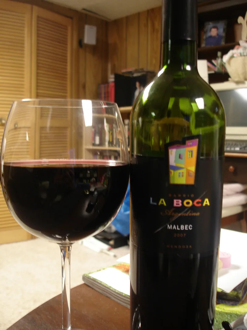Bottle and glass of Argentine Malbec wine from Mendoza on a table