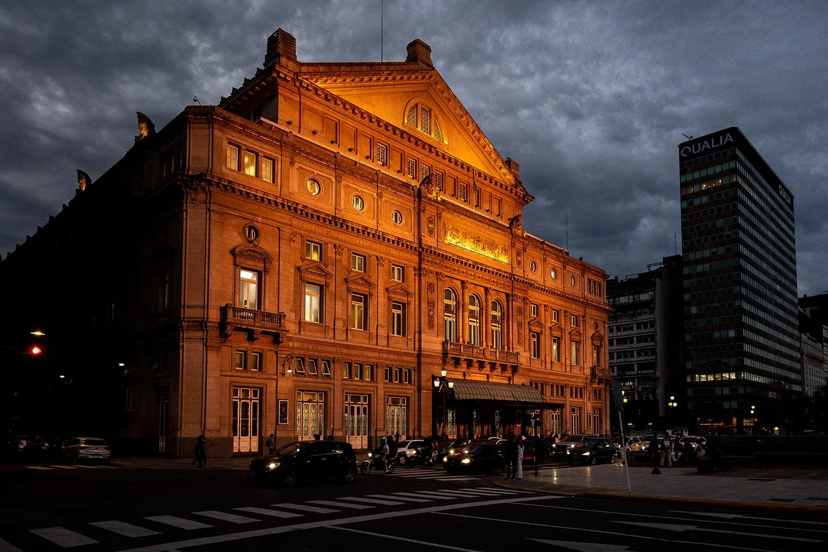 Facade of the Teatro Colón opera house at sunset in Buenos Aires